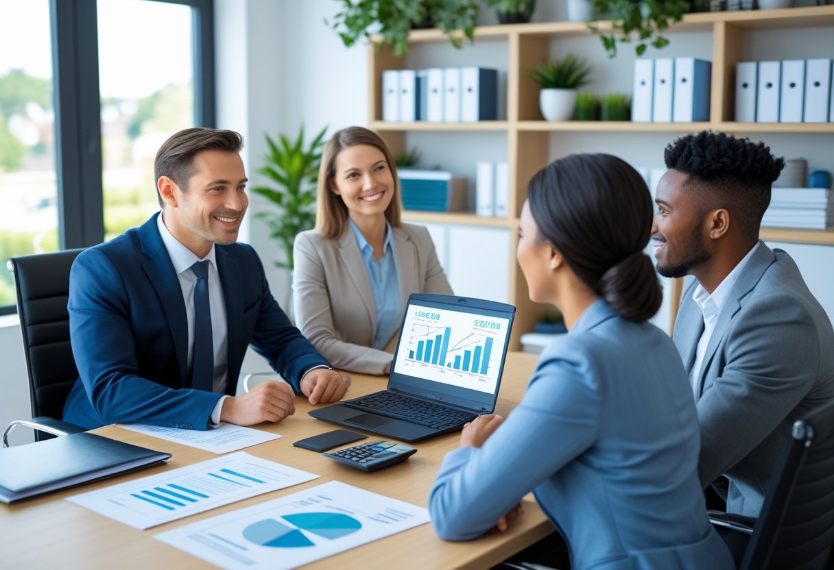 A financial advisor explains refinancing options to a couple in a modern office setting.