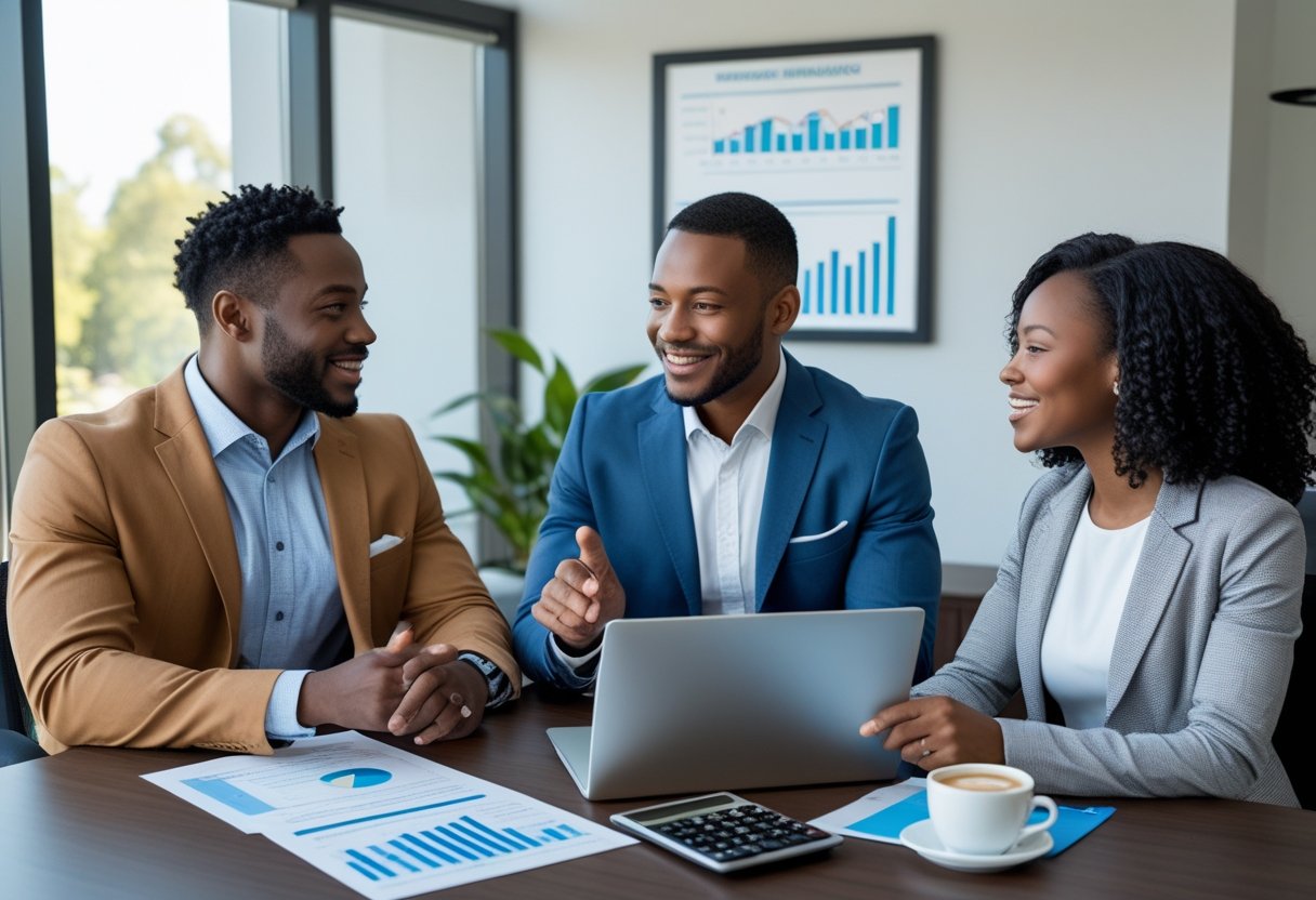 A couple consulting with a financial advisor in an office, looking at documents and a laptop screen together.