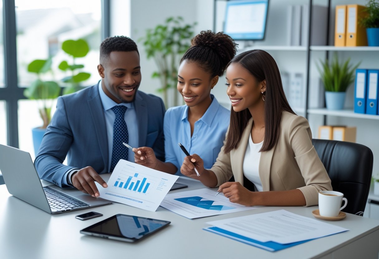 A financial advisor explains refinancing options to a young couple in a bright office, with documents and a laptop on the desk.