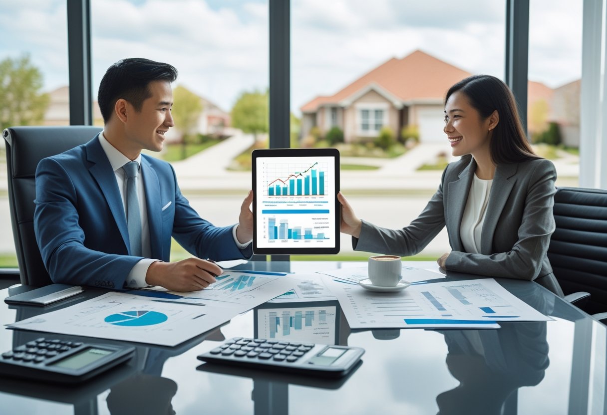 A financial advisor discussing mortgage options with a couple in a bright office.