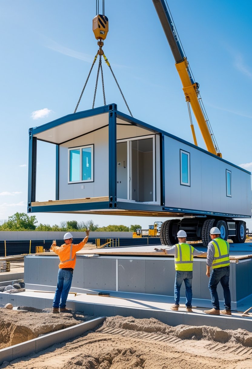 A modular home section being lifted by a crane above a concrete foundation with construction workers guiding it into place at a building site.