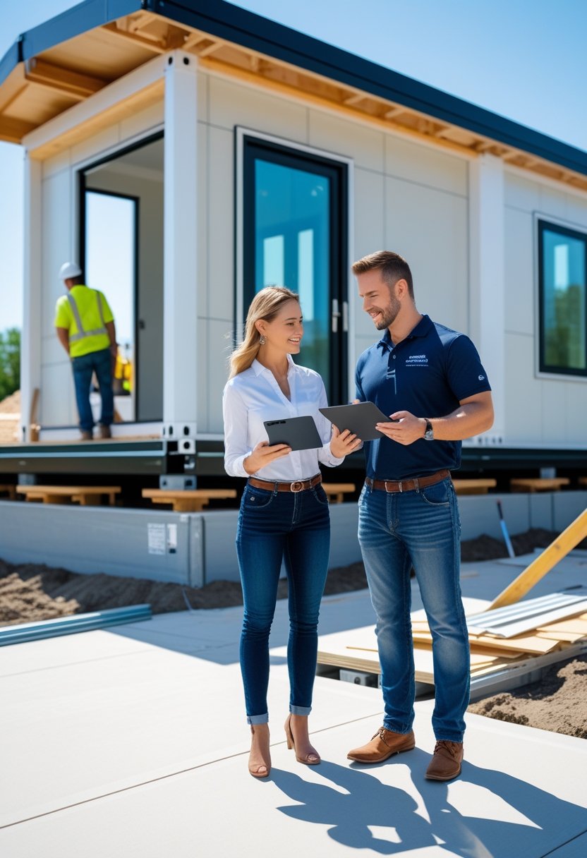 A couple reviews documents with a financial advisor near a modular home being installed on its foundation, with construction workers working in the background.