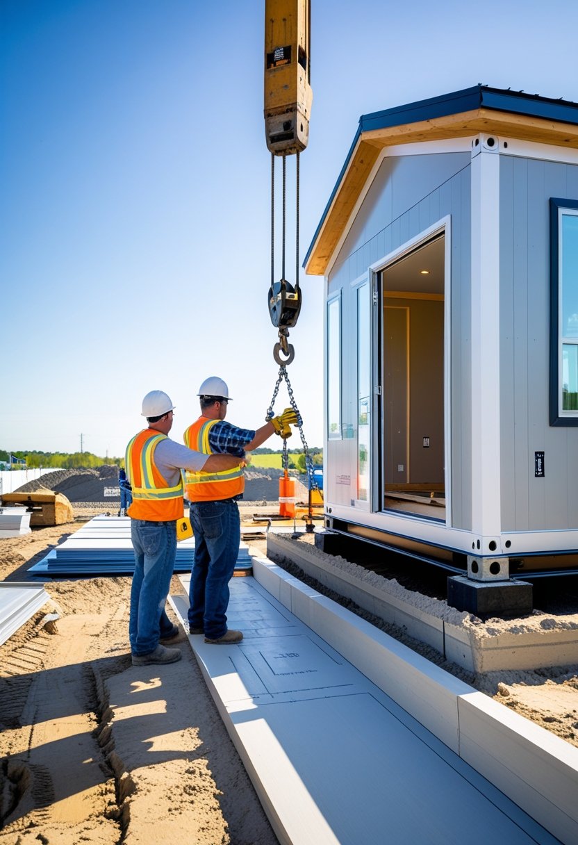 A modular home being placed onto a concrete foundation by a crane at a construction site with workers guiding the process.