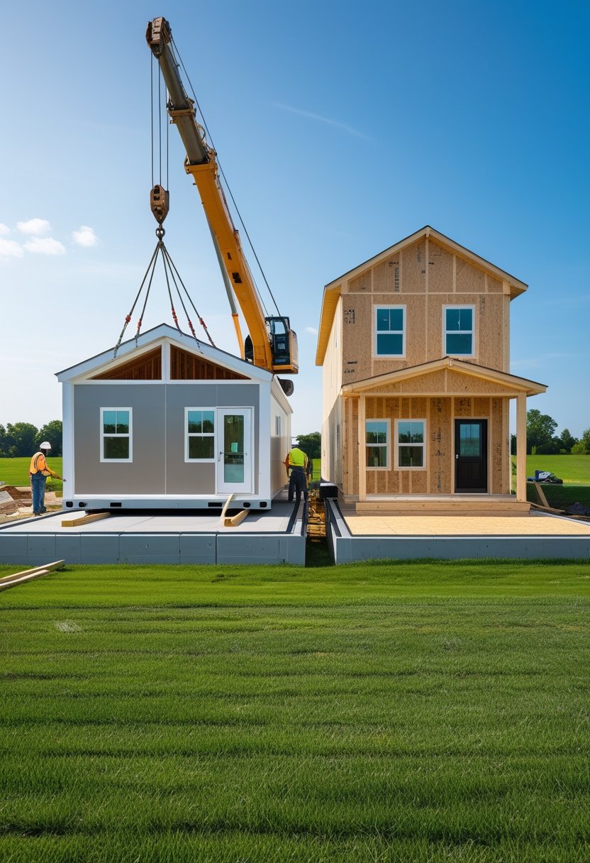 Two homes side by side, one modular being lowered onto its foundation by a crane, the other a fully built traditional house, with construction workers nearby.