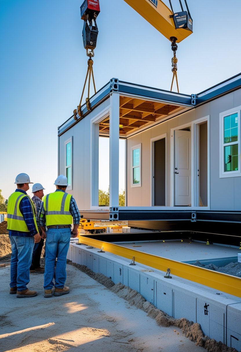 Construction workers guiding modular home sections being placed onto a concrete foundation at a building site.