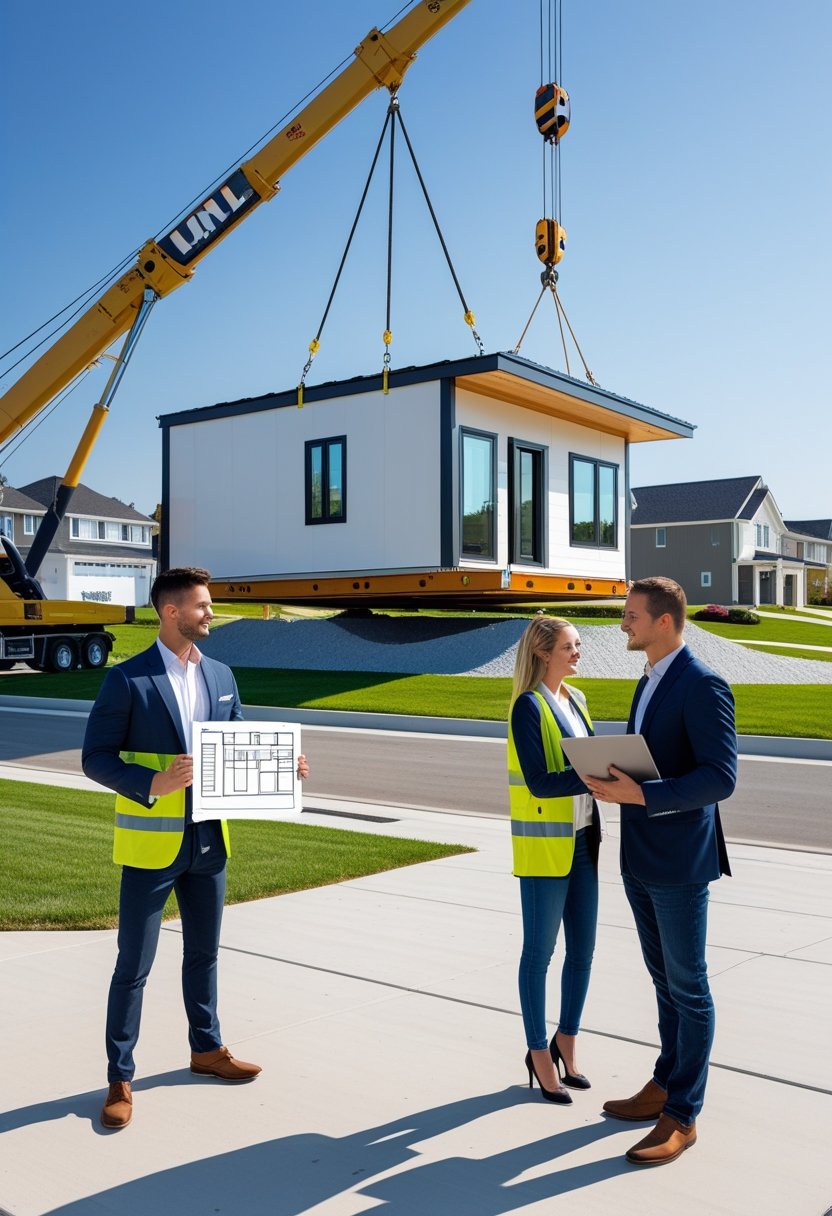 A modular home being lowered onto its foundation by a crane while workers guide it, with a real estate agent talking to a couple nearby in a suburban neighborhood.