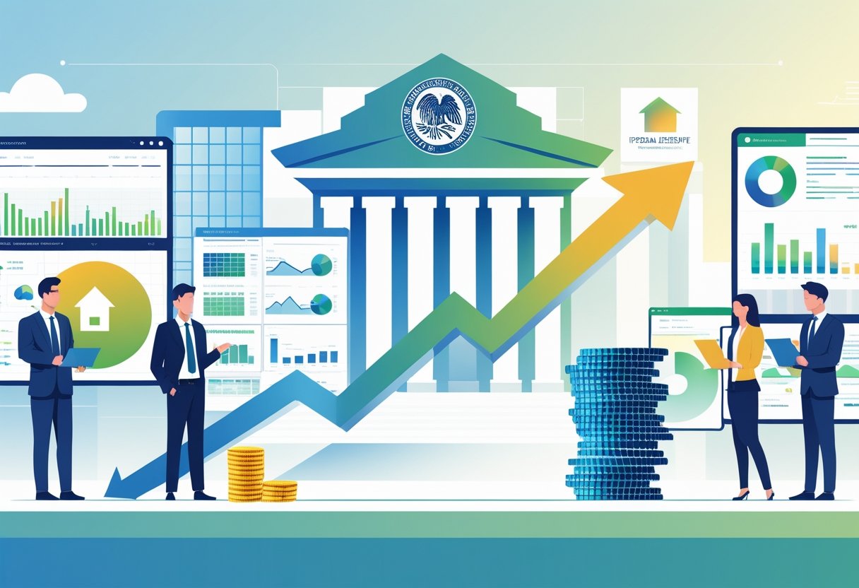 People in an office analyzing graphs showing mortgage rates rising while the Federal Reserve building is visible in the background.
