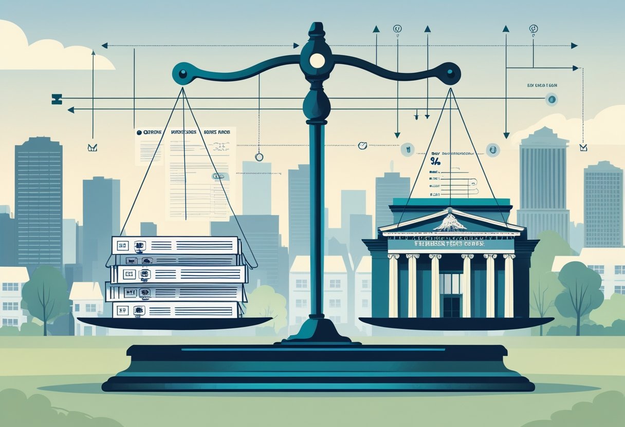 A balance scale comparing mortgage contracts and the Federal Reserve building with arrows showing economic factors influencing mortgage rates, set against a city skyline with houses and apartments.