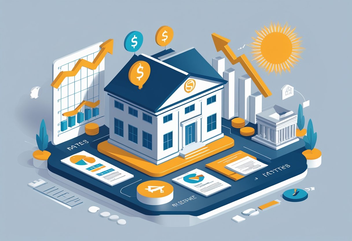 A house surrounded by symbols of mortgage factors including a Federal Reserve building with a downward arrow, graphs, a bank, documents, and a rising sun representing various influences on mortgage rates.