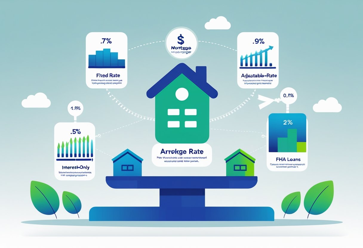 An illustration showing different types of mortgages connected to charts and symbols representing their sensitivity to interest rate changes, with a visual reference to Federal Reserve rate adjustments.
