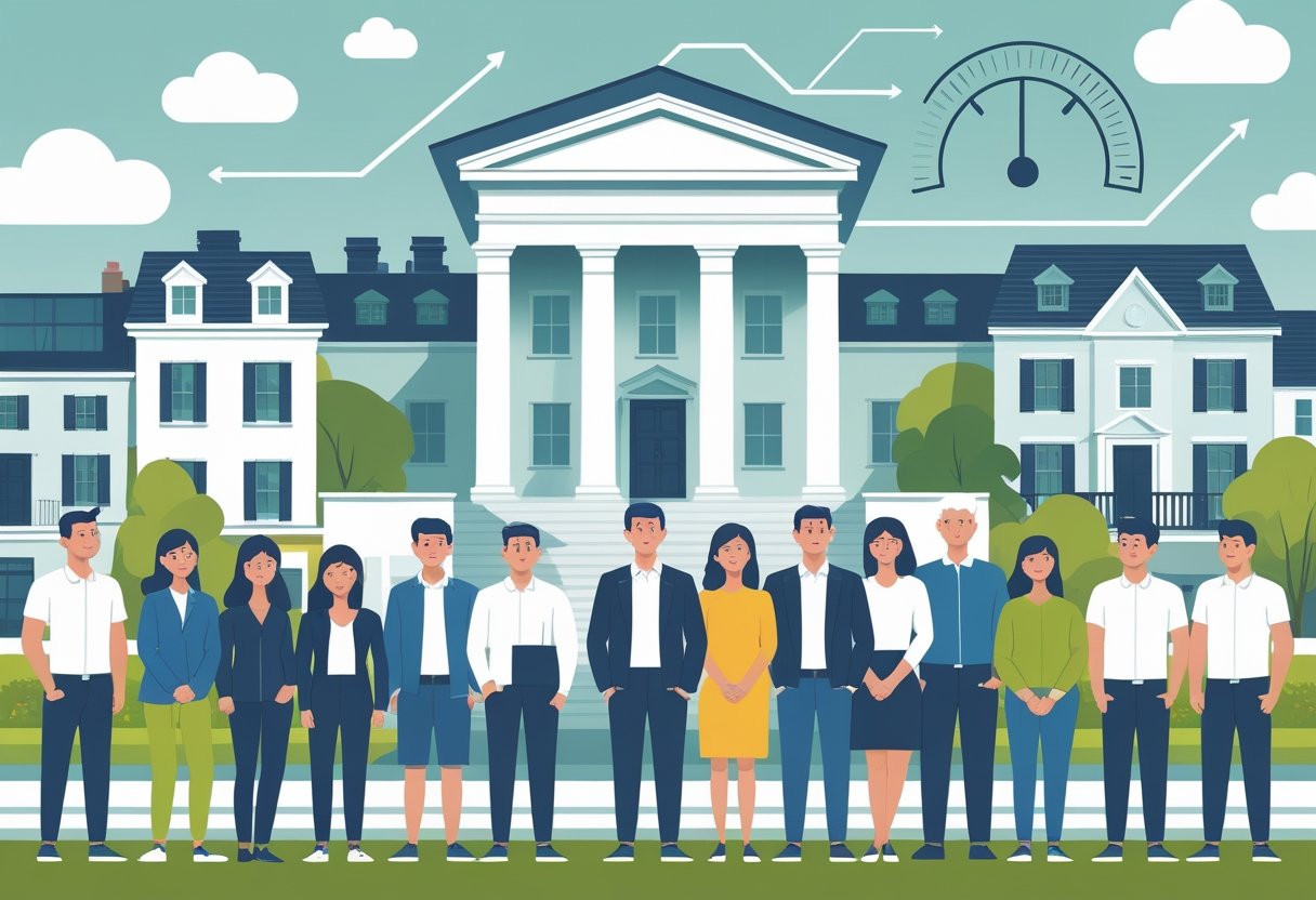 A group of diverse homebuyers and homeowners standing near various houses with a Federal Reserve building and fluctuating rate symbols in the background, showing mixed emotions.