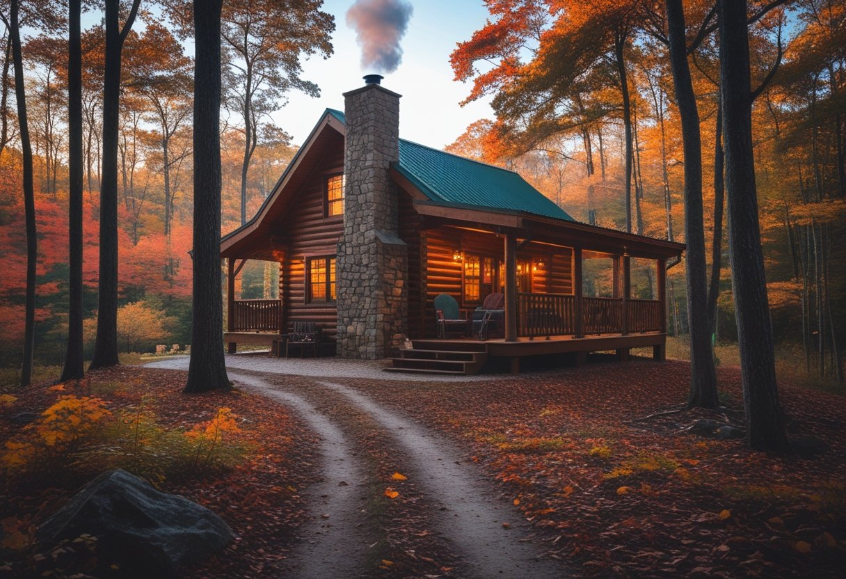 A wooden cabin surrounded by autumn trees with colorful leaves and warm lights glowing from its windows.