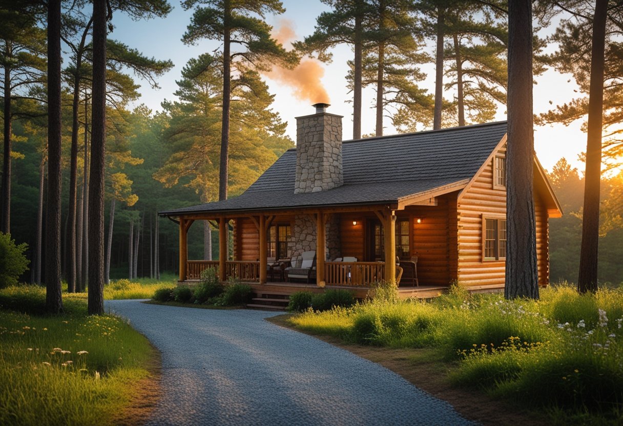 A cozy wooden cabin surrounded by tall pine trees with sunlight filtering through, a stone chimney with smoke rising, and a wooden porch with outdoor seating.