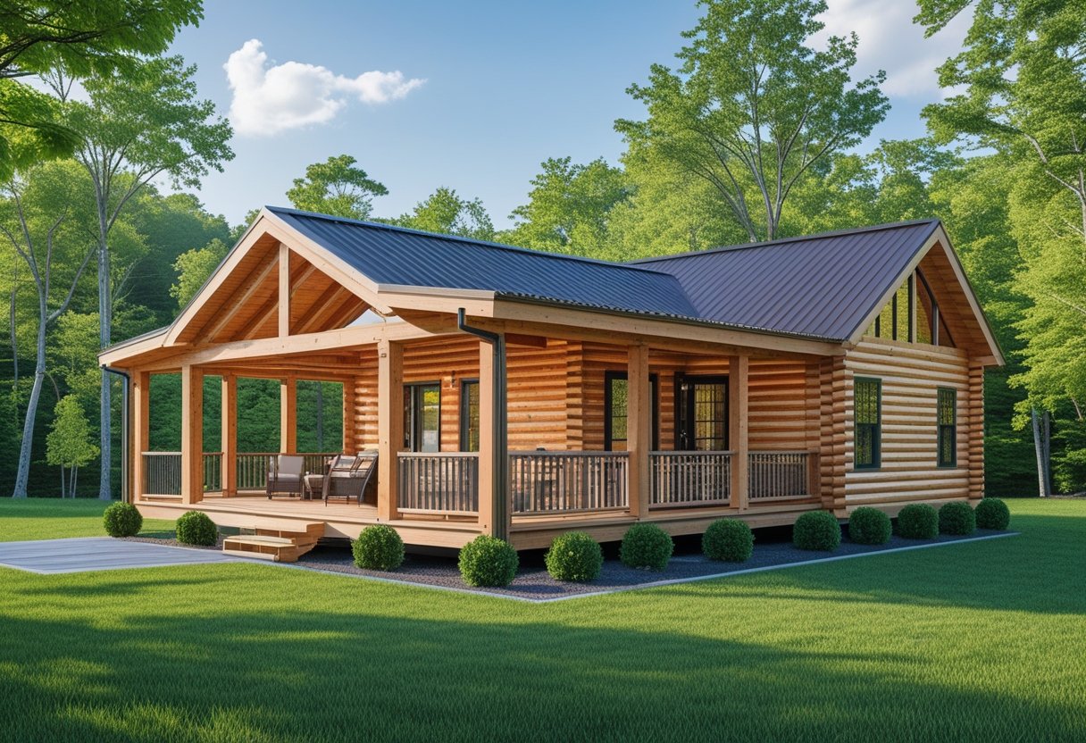 A modular log cabin surrounded by green trees and grass under a clear blue sky.