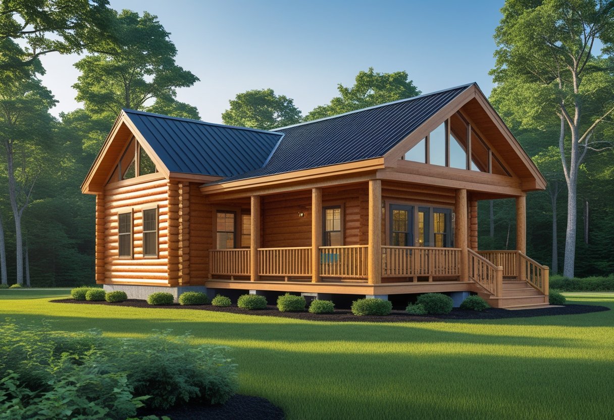 A modern modular log cabin surrounded by trees and greenery under a clear blue sky.