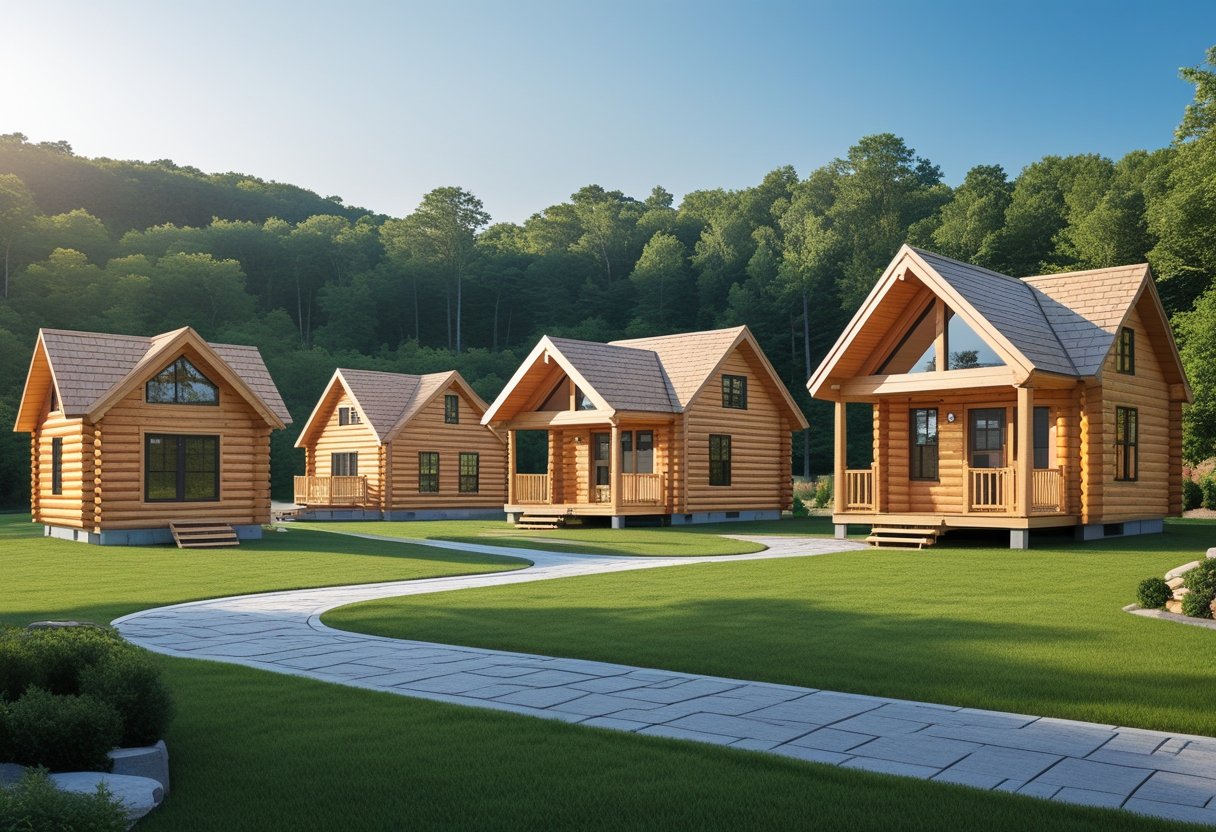 A group of different wooden modular log cabins surrounded by green trees and grass under a clear blue sky.