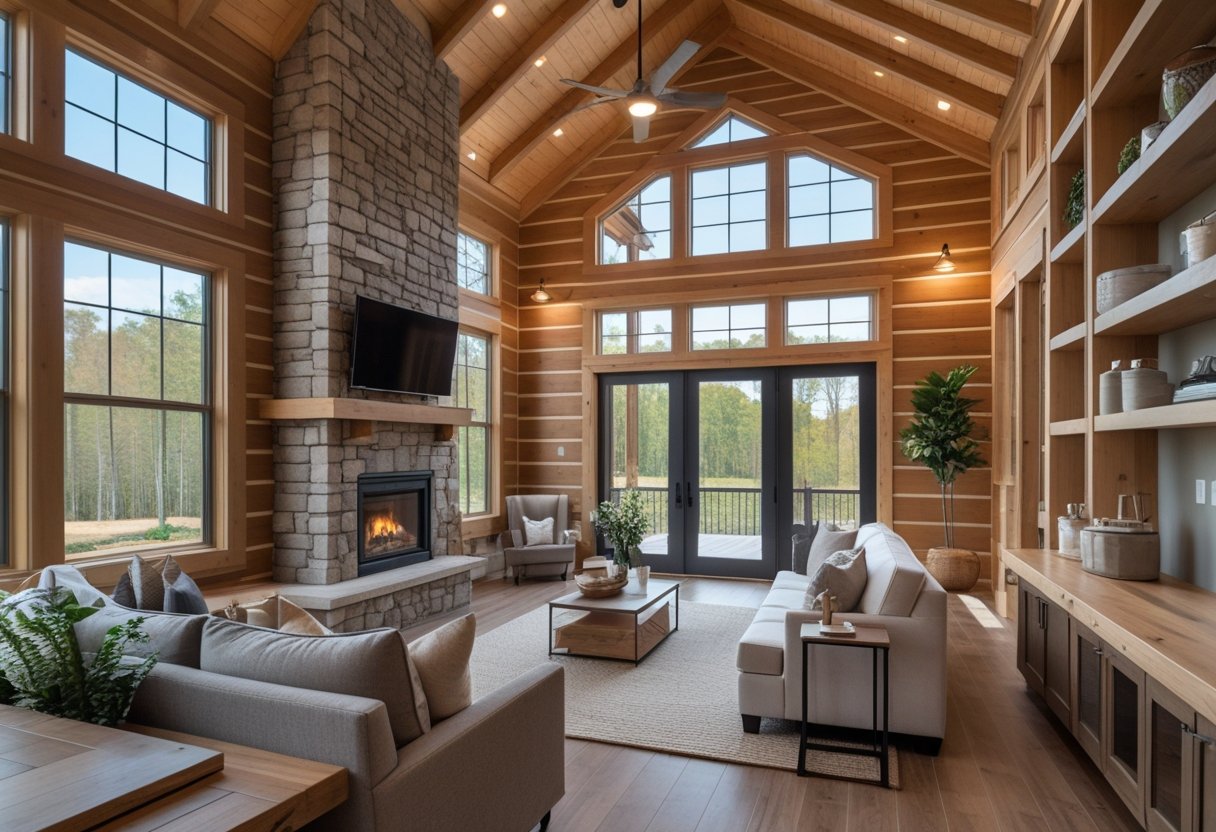 Interior of a spacious modular log cabin with wooden walls, large windows, a stone fireplace, and modern furniture.