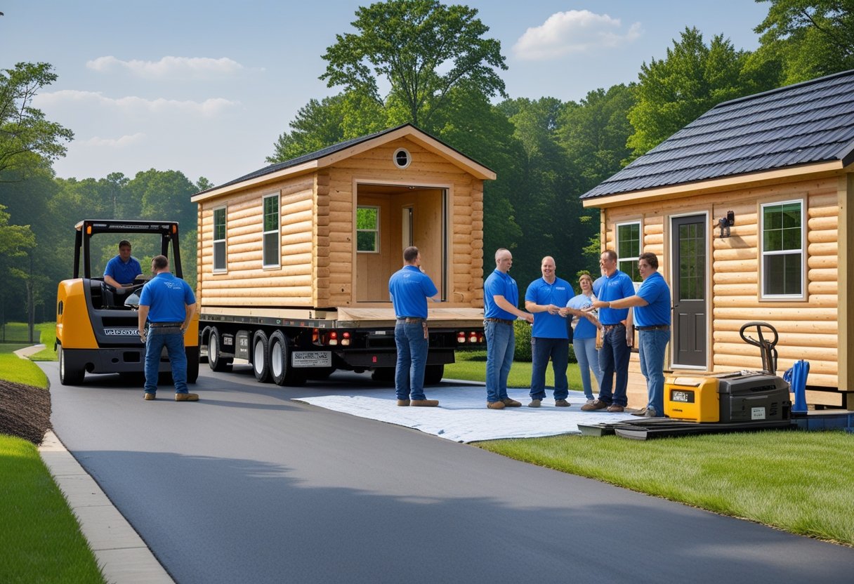 Workers unloading and assembling a modular log cabin while a customer support representative talks to a family outside the cabin.