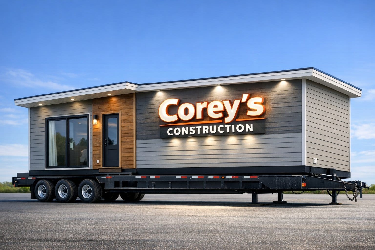 spotlight on Corey's Construction with modular home on a trailer