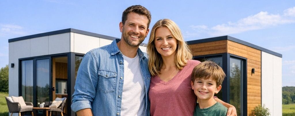 family in front of modern modular home