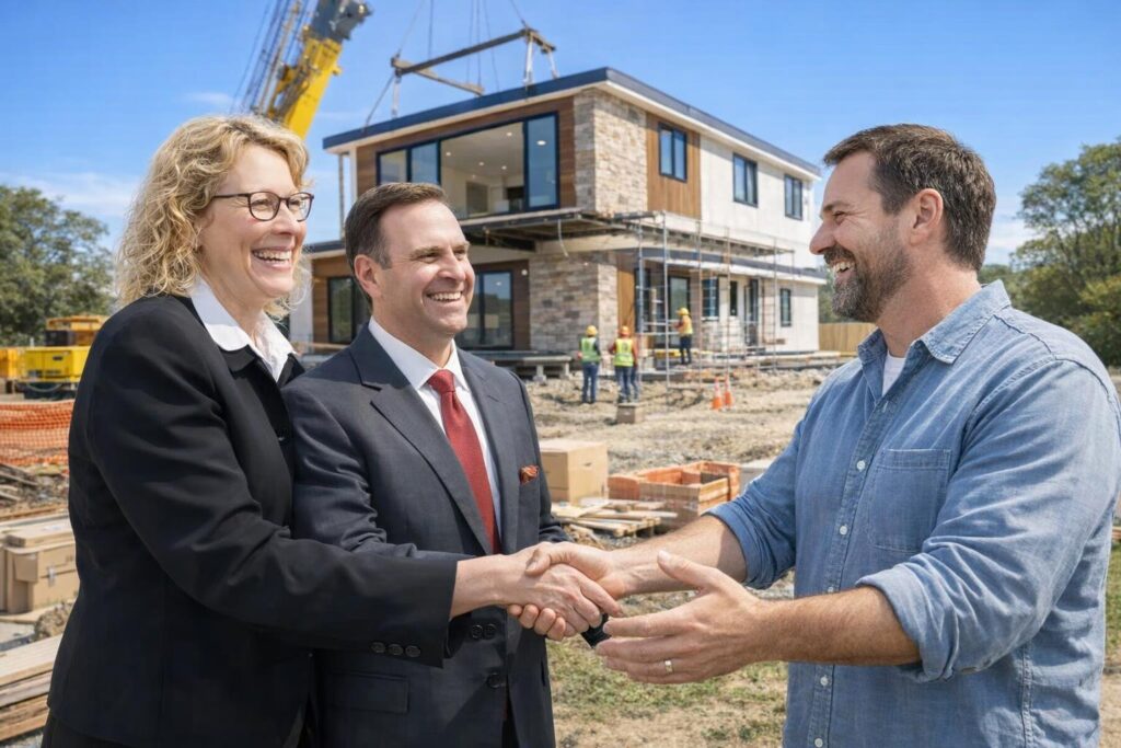 Dan Nikki and Builder in front of a modular home