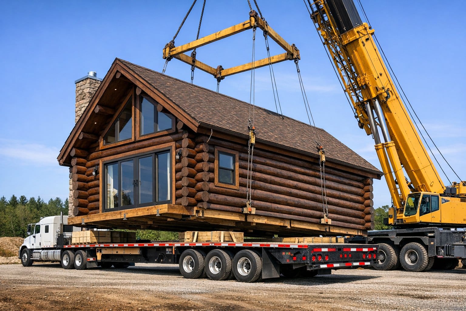 large modular log cabin color is dark brown being delivered on a tractor trailer and crane