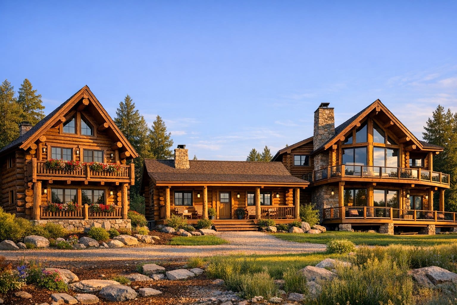 side by side log cabin styles. chalet, ranch and a luxurious 2 story