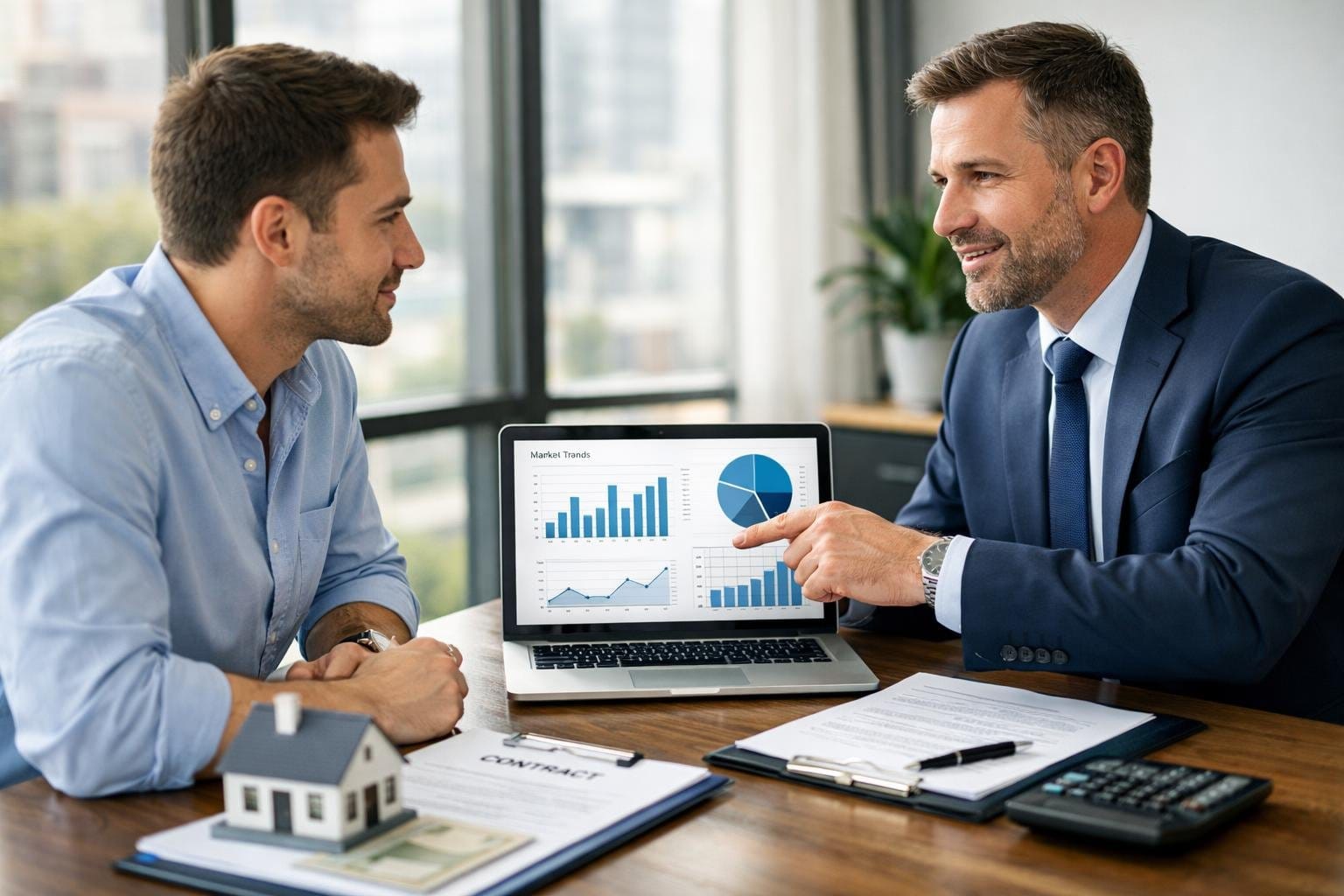 A real estate buyer and financial advisor discussing documents and charts in a bright office.