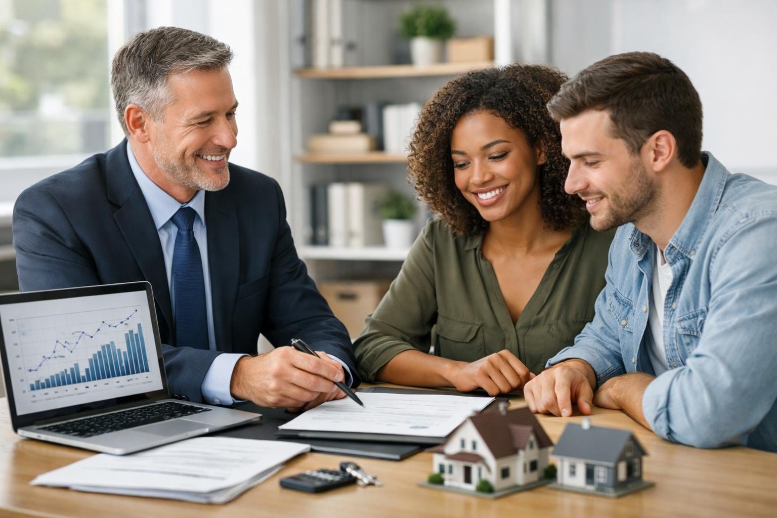 A mortgage advisor and a homebuyer discussing financial documents and charts in a modern office setting.