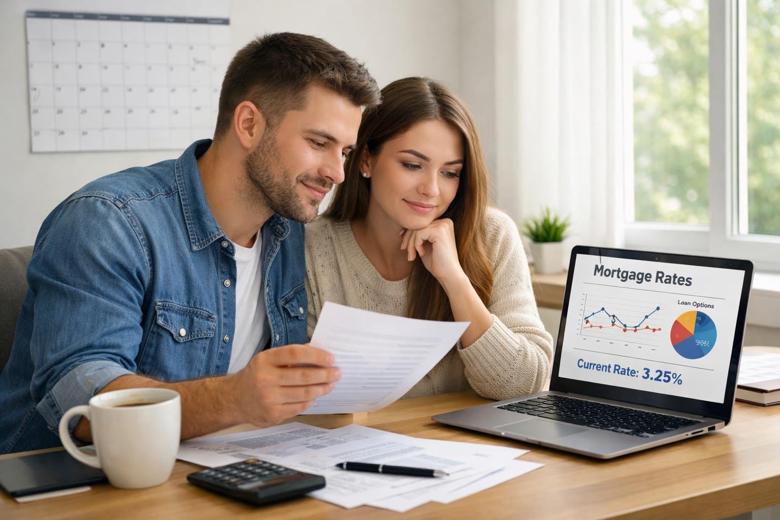 A young couple reviewing financial documents and a laptop with mortgage rate charts in a bright home office.