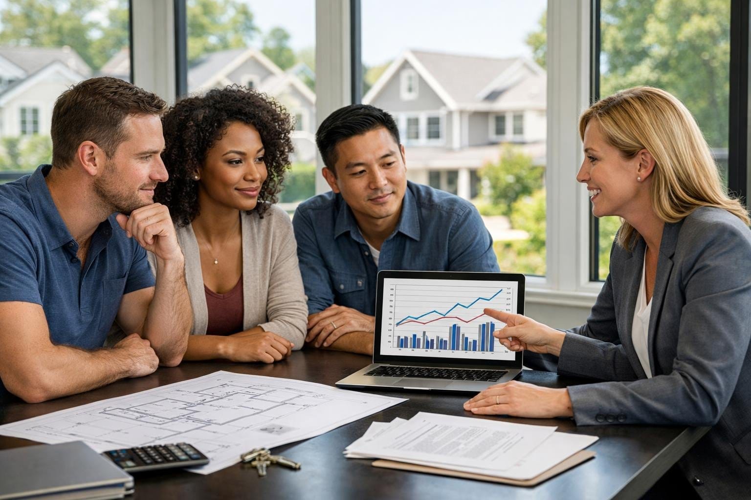 A group of homebuyers and a real estate agent discussing documents and financial charts around a table in an office with a view of houses outside.